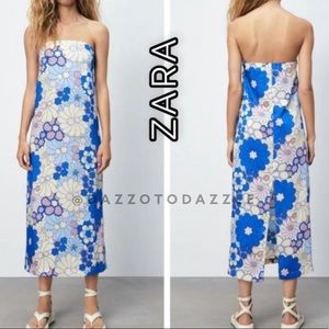 Zara Blue and White Floral Strapless Dress